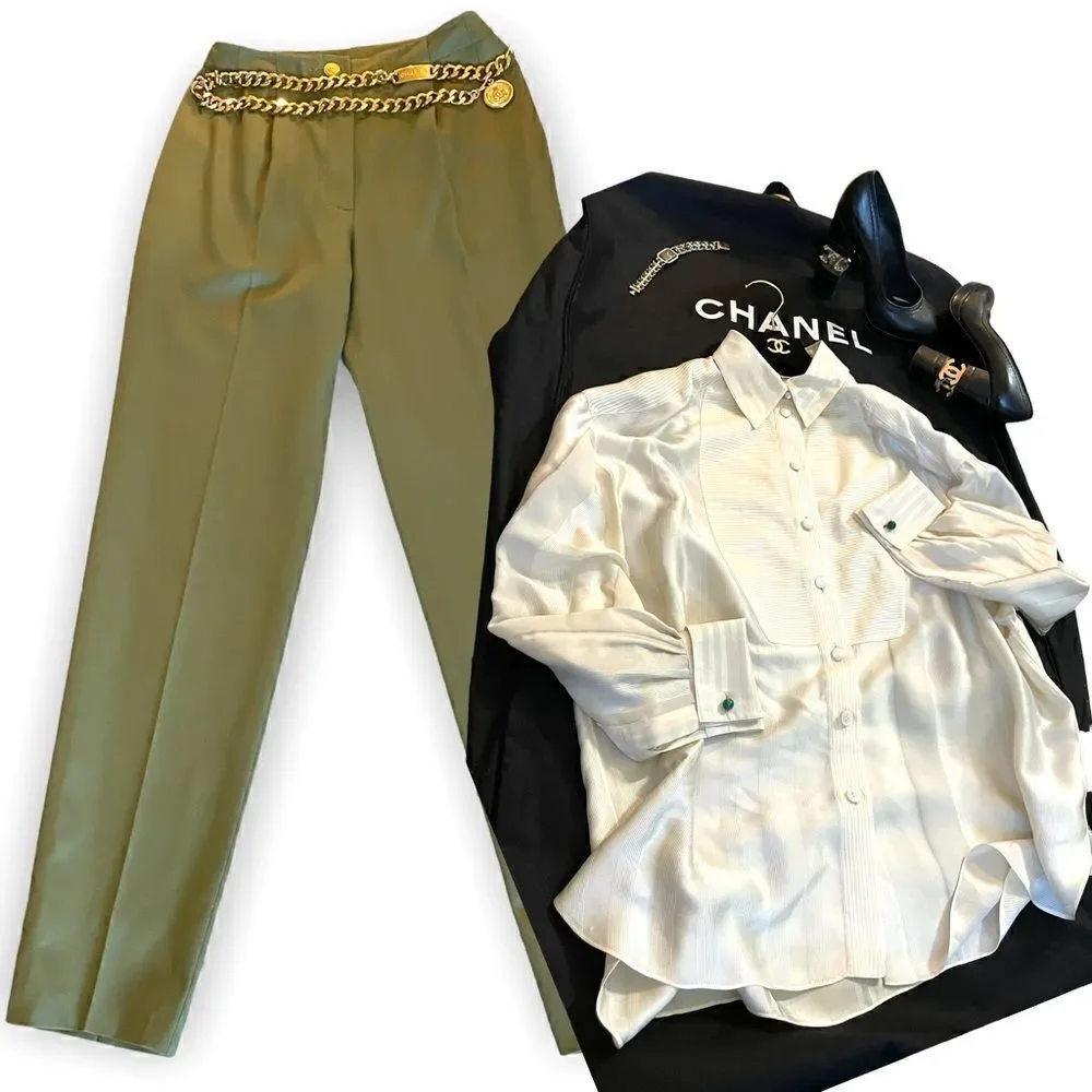 VINTAGE CHANEL Military Green Stunning High-Waisted Wool & Silk Tailored Pants